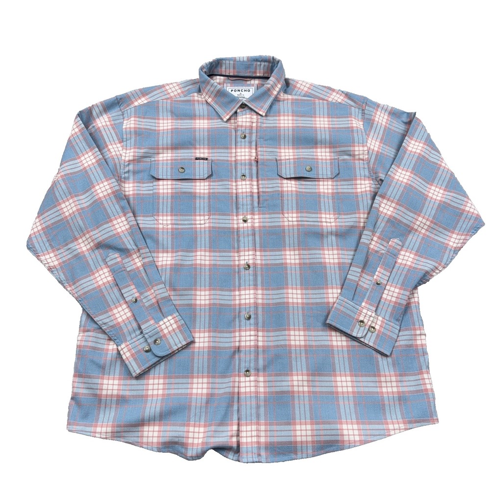 Poncho Shirt Men XL Blue Pink Plaid Button Up Lightweight Flannel Camp Reg Fit